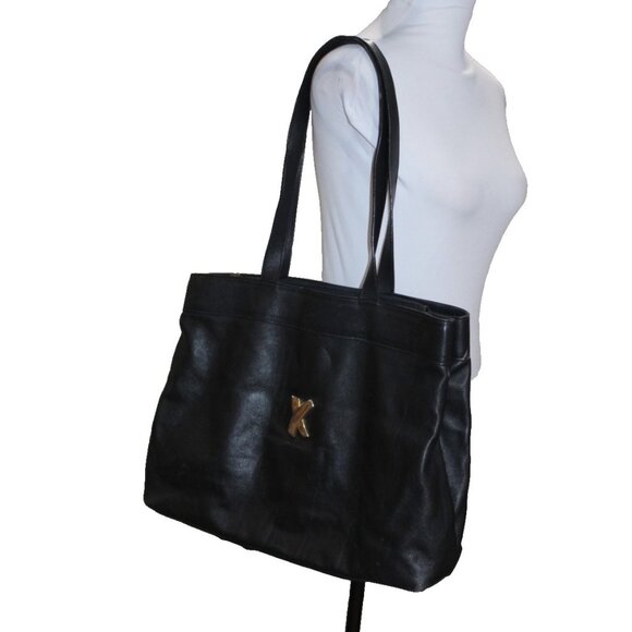 By Paloma Picasso Black Leather Shoulder Bag Large Tote Bag Purse Made In Italy - Picture 1 of 7